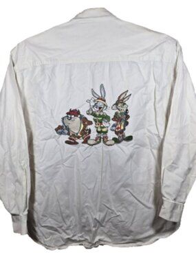 VTG 90s Acme Looney Tunes Safari Embroidered Button Up Shirt White XL Taz Bugs